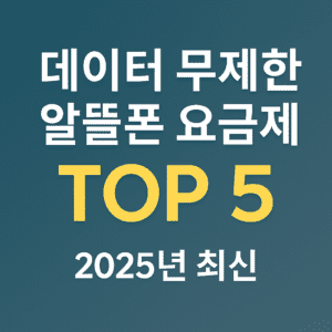 데이터 무제한 알뜰폰 요금제 TOP 5를 소개하는 2025년 최신 정보 그래픽 썸네일. 파란색 그라데이션 배경에 하얀색과 노란색 텍스트가 세련되게 배치되어 있음